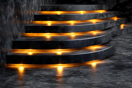 Dramatically lit stone steps showcasing modern architectural design with warm, integrated lighting. the sleek and luxurious ambiance highlights a sophisticated blend of form and function, perfect for contemporary spaces. Generative AIの素材