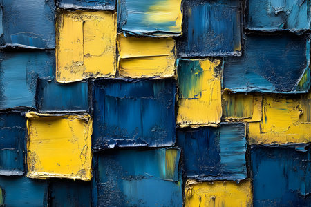 A dynamic abstract painting features textured blocks of blue and yellow, showcasing vibrant color contrasts. the rich layers and brushstrokes create a captivating visual suitable for contemporary art decor or design projects. Generative AIの素材