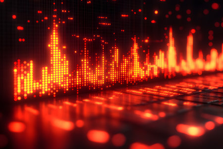 Vibrant led sound wave patterns in red hues create a dynamic digital music visualization. the illuminated graph showcases abstract audio frequency representation, perfect for technology, sound, or digital artwork designs. Generative AIの素材