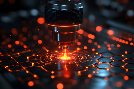 A high-tech laser engraving device operates on a metallic surface, depicting intricate hexagonal patterns. the glowing red and orange lights emphasize precision and innovation in advanced manufacturing techniques. Generative AIの素材
