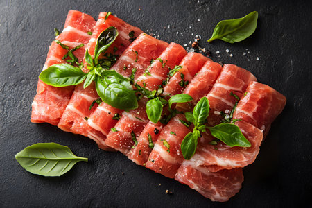 Freshly-sliced prosciutto arranged neatly with scattered basil leaves on a dark slate surface. the rich colors and textures highlight the contrast between the delicate meat and vibrant greens, perfect for culinary presentations. Generative AIの素材