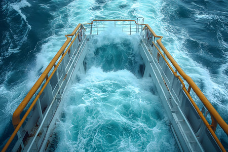 View of the sea from a ship's stern, showcasing dynamic ocean waves and white wake framed by safety rails. the scene conveys a sense of adventure, travel, and maritime exploration in vibrant blue tones. Generative AIの素材