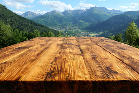 Rustic wooden table set against a stunning mountain vista, featuring lush green forests and a clear blue sky. ideal for nature-themed designs, showcasing tranquility and the beauty of natural landscapes. Generative AIの素材
