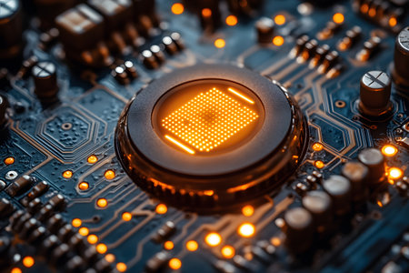 Close-up of a glowing microchip on a circuit board, showcasing advanced technology with intricate details of electronic components. the warm, orange lighting highlights the futuristic and innovative aspects of modern computing hardware. Generative AIの素材