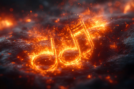 Vibrant musical notes emerge from a mesmerizing field of glowing embers, creating a fiery aura. the dynamic scene blends themes of passion, creativity, and music, ideal for projects needing a dramatic and energetic visual. Generative AIの素材