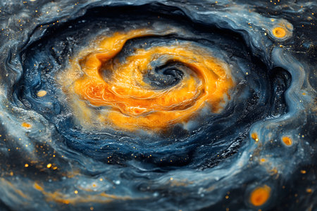 Abstract depiction of a swirling galaxy with vibrant golden and deep blue hues, creating a mesmerizing vortex pattern. perfect for use in space-themed art, design projects, or contemporary decor. Generative AIの素材
