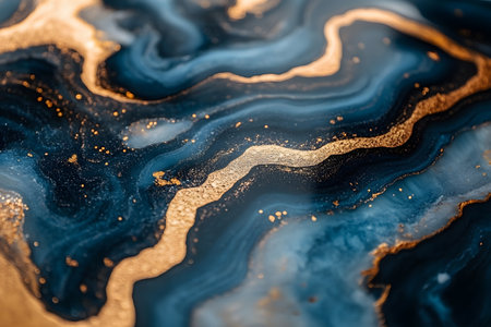Close-up of an abstract marble pattern blending vibrant shades of blue with luxurious gold accents. the swirled design creates a stunning visual effect, ideal for modern art applications and creative design projects. Generative AIの素材