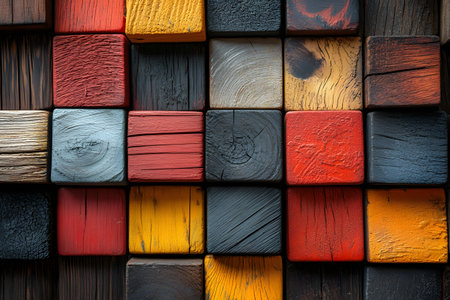 Wooden blocks arranged in a grid display a variety of textures and colors, including vibrant reds, yellows, and natural wood tones. the intricate details and rustic aesthetic make it ideal for design and texture projects. Generative AIの素材