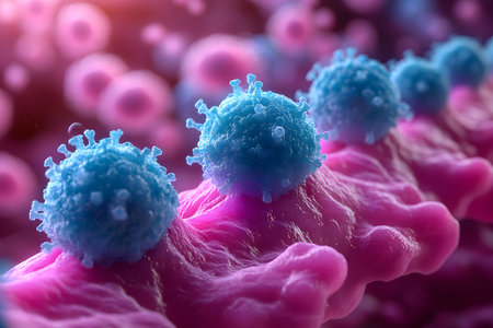 Microscopic view showcasing vivid blue viral particles on a pink cellular surface, intricate biological interactions. ideal for educational materials, scientific research, and medical studies. Generative AIの素材