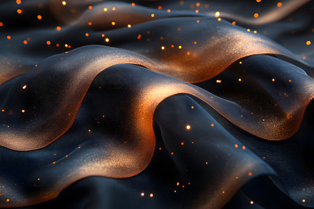 Flowing, elegant waves of dark fabric intertwine with glowing particles, creating a captivating contrast of light and shadow. ideal for modern design, digital backgrounds, or artistic visual concepts. Generative AIの素材