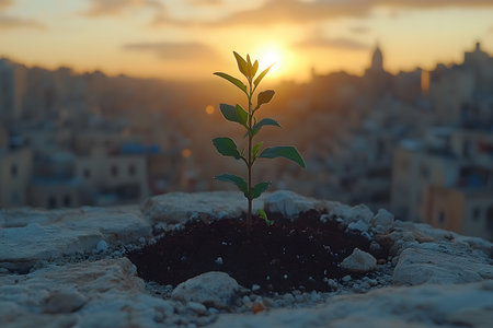 A small plant grows on a rocky surface against a city skyline at sunset. the contrast highlights nature's resilience and the beauty of life thriving in urban environments, symbolizing growth and renewal. Generative AIの素材