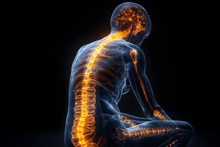 Digital illustration the human spinal cord and brain with glowing effects. this detailed artwork is ideal for educational, medical, and scientific presentations, depicting anatomy and neurological studies. Generative AIの素材