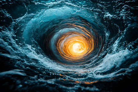 Abstract depiction of a swirling vortex blending cool blues with a fiery orange center. the dynamic movement evokes a sense of energy and mystery, ideal for artistic and creative projects seeking a dramatic focal point. Generative AIの素材
