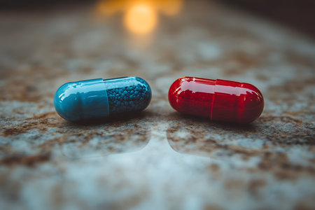 Close-up of two capsules, one red and one blue, placed on a marble surface. the photograph highlights the contrast between the capsules, emphasizing themes of choice and healthcare. Generative AIの素材