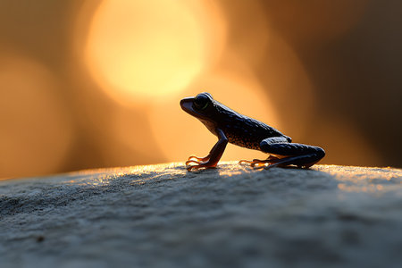 A frog's silhouette is beautifully captured against a warm, glowing sunset. the image highlights the delicate outline and textures of the frog, creating a serene and captivating wildlife scene perfect for nature and wildlife themes. Generative AIの素材