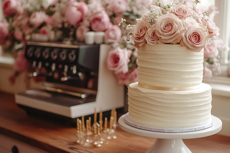A sophisticated two-tier white wedding cake adorned with pink roses and delicate flowers on a cake stand. in the background, a sleek coffee machine is surrounded by lush pink rose arrangements, creating a romantic atmosphere. Generative AIの素材