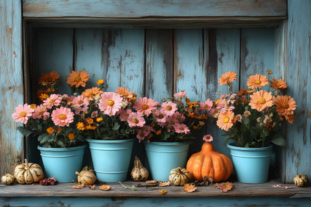 Delicate orange and pink flowers in blue pots are set against a weathered wooden backdrop, accompanied by various pumpkins. this composition embodies the charm of autumn, perfect for seasonal displays or home decor inspiration. Generative AIの素材