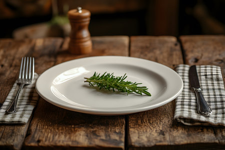 A rustic dining scene featuring a simple white plate garnished with fresh rosemary, set on a wooden table. the tableware includes a fork and knife neatly placed on checkered napkins, accompanied by a traditional pepper grinder. Generative AIの素材