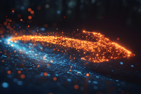 A dynamic neon arrow glows in vibrant orange, casting light sparks against a dark background. the image represents digital progress and directionality, ideal for themes of technology, future innovation, and forward movement in design projects. Generative AIの素材