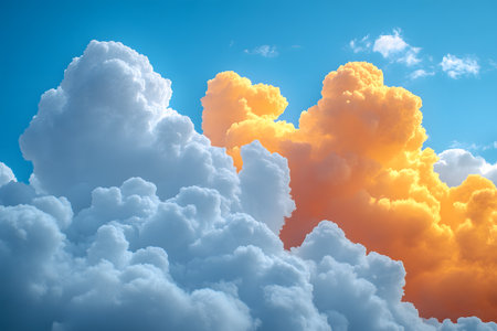 A breathtaking cloudscape showcasing a vivid contrast between fluffy white clouds and strikingly illuminated golden-orange clouds against a blue sky. ideal for nature-themed designs, posters, or backgrounds emphasizing atmospheric beauty. Generative AIの素材