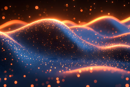 A mesmerizing depiction of abstract digital light waves illuminated with glowing particles. it illustrates a futuristic theme with undulating blue and orange gradients. ideal for technology, science, or innovation-focused designs. Generative AIの素材
