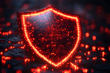 Illuminated shield graphic glowing with a red digital light represents cybersecurity and data protection. symbolizing defense against cyber threats, it's ideal for security designs in technology and network contexts. Generative AIの素材