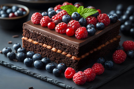 Decadent chocolate cake adorned with fresh raspberries, blueberries, and red currants. featuring dark layers and a glossy finish, it's garnished with mint leaves on a slate platter, creating a visually appealing dessert setting. Generative AIの素材