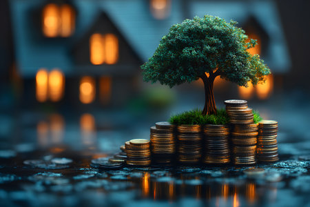 A small tree growing atop a stack of coins against a warm, blurred background of houses with glowing windows. this image symbolizes sustainable investment, eco-friendly finance, and the growth of green economies. Generative AIの素材