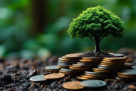 A lush green tree grows atop a stack of coins, symbolizing eco-investment and sustainable finance. the natural background emphasizes the harmony between economic growth and environmental conservation. Generative AIの素材