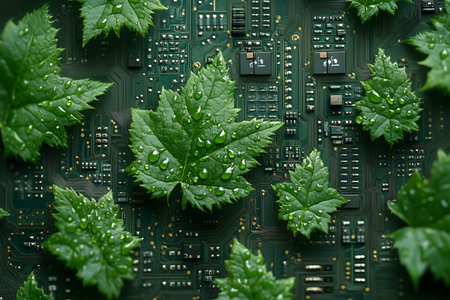 Vibrant green leaves rest on a detailed circuit board, merging the natural world with technology. this juxtaposition symbolizes eco-friendly innovation, sustainable tech, and the harmony of nature and science. Generative AIの素材