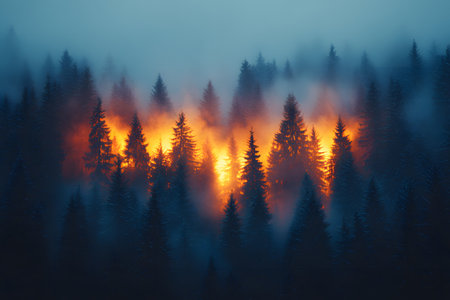 A captivating forest fire blazing through a dense, mist-filled forest environmental issues, climate change, and the urgent need for conservation efforts. the fiery glow contrasts with the dark silhouettes of tall pine trees, creating a dramatic and haunting atmosphere. Generative AIの素材
