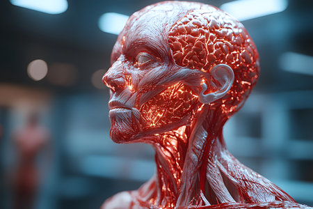 A detailed representation of the human anatomy, muscles and blood vessels. this futuristic illustration serves educational and medical purposes, showcasing intricate biological structures in a modern setting. Generative AIの素材