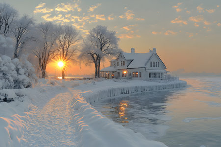 A serene winter scene shows a house by a frozen lake, surrounded by snow-covered trees. the sun sets, casting warm hues over the icy path and reflecting on the tranquil water, creating a peaceful atmosphere. Generative AIの素材