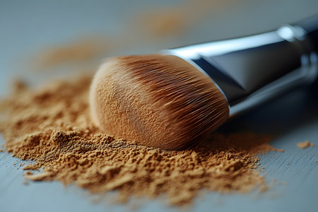 A close-up image of a makeup brush resting on a pile of loose cosmetic powder, showcasing the texture and fine bristles. ideal for beauty, makeup artistry, and cosmetic product promotions. Generative AIの素材