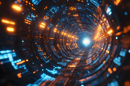 A captivating view of a futuristic tunnel illuminated by neon blue and orange lights, evoking a sci-fi atmosphere. ideal for themes related to technology, digital innovation, and cosmic journeys. Generative AIの素材