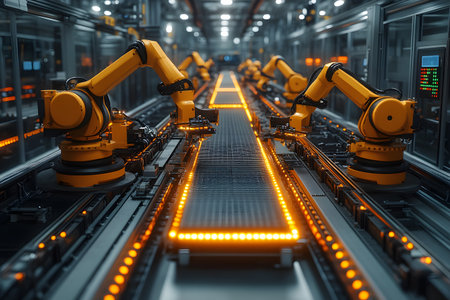 Industrial scene featuring advanced robotic arms operating on a brightly lit conveyor system in a high-tech manufacturing facility. highlights automation, innovation, and modern factory technology in action. Generative AIの素材