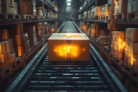 A cardboard box moves along a conveyor belt in a dimly lit warehouse, surrounded by shelves filled with similar packages. the scene highlights logistics, distribution, and the industrial supply chain. Generative AIの素材