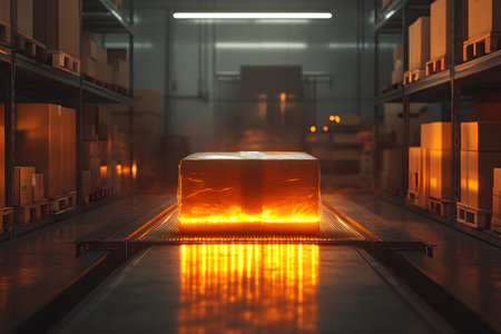 Illuminated in warm orange hues, a package moves along a conveyor belt inside a modern warehouse. shelves lined with boxes create a backdrop, advanced logistics and efficient automation in industrial settings. Generative AIの素材