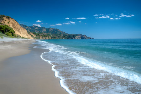 A tranquil beach scene featuring soft sandy shores and gentle ocean waves under a clear blue sky. towering cliffs and lush greenery frame the coastline, offering a picturesque view of nature's beauty and serenity. Generative AIの素材