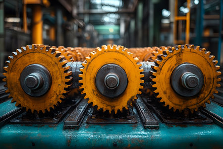 Intricate view of yellow machine gears lined up in a factory, showcasing the precision and efficiency of industrial machinery. the metallic textures and vibrant colors highlight modern engineering. Generative AIの素材