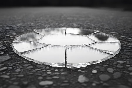 Artistic representation of a realistic puddle illusion on asphalt, employing glass shards to mimic a water reflection. ideal for creative projects, abstract art concepts, and design inspiration focusing on perception and reality. Generative AIの素材