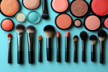 A collection of professional makeup brushes and a variety of colorful cosmetics is arranged neatly on a vibrant blue background. includes eyeshadows, blushes, and lipsticks, ideal for beauty and fashion design themes. Generative AIの素材