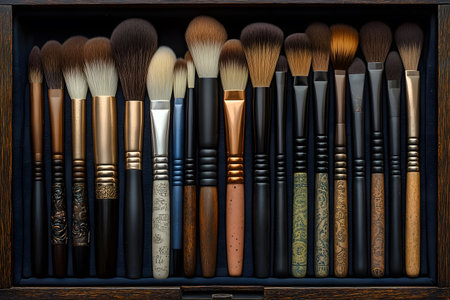 A meticulously arranged set of diverse makeup brushes featuring ornate handles and varying bristle types. ideal for beauty professionals, design inspiration, and makeup enthusiasts seeking a sophisticated touch. Generative AIの素材