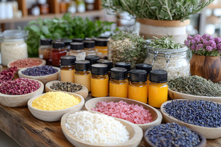 Various essential oils in bottles surrounded by vibrant, dried herbs and flowers on a wooden table. the scene conveys a sense of natural wellness, ideal for aromatherapy or crafting homemade beauty products. Generative AIの素材
