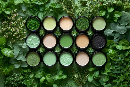 A harmonious arrangement of green skincare products in containers, surrounded by fresh herbs and leaves, illustrating a natural and eco-friendly beauty concept. ideal for spa, wellness, and organic lifestyle themes. Generative AIの素材