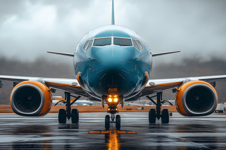 Front view of a commercial airplane on a wet runway, the symmetry and power in aviation. the rainy weather adds dramatic atmosphere, showcasing the robust nature of the aircraft in challenging conditions. Generative AIの素材