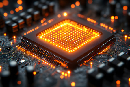Close-up view of a futuristic circuit board featuring a glowing orange microprocessor, symbolizing advanced technology and innovation. the illuminated chip highlights digital advancements and electronic engineering. Generative AIの素材