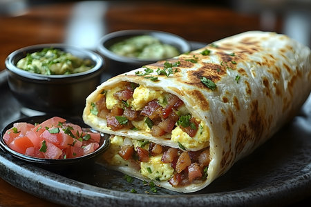Savory breakfast burrito featuring scrambled eggs, crispy bacon, and fresh herbs, wrapped in a grilled tortilla. served with salsa verde, guacamole, and pickled onions on a dark plate, creating a vibrant, appetizing presentation. Generative AIの素材