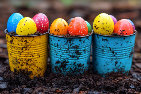 Brightly painted easter eggs nestled in soil-filled, weathered metal cans. a vibrant display against a natural outdoor backdrop, capturing the playful and rustic essence of easter celebrations and creative decorations. Generative AIの素材