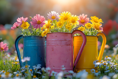 Three vintage watering cans in pastel blue, pink, and yellow are filled with vibrant daisies. the cheerful arrangement is set amidst a blooming garden, with soft sunlight creating a warm and inviting ambiance ideal for spring themes. Generative AIの素材